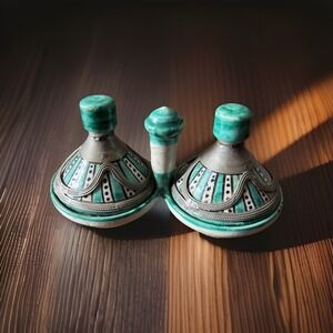 Moroccan Mini Tagine Double Spice Holder Salt pepper condiment Turquoise Silver